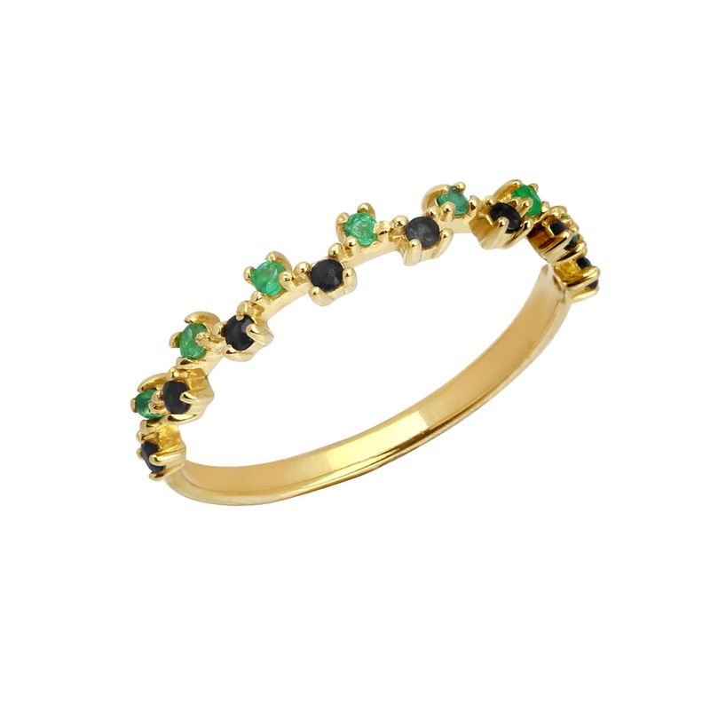 Anel meia aliança em ouro 18k com esmeraldas e espinélios. Este anel é componível e se encaixa perfeitamente com anéis de mesmo modelo.