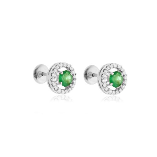 Brincos Princesa Redondo de Ouro Branco 18k com Esmeraldas e Diamantes