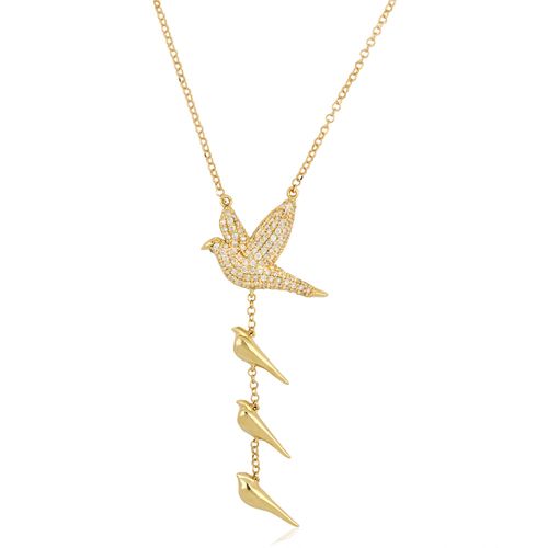 Colar Filhotes 4 Pássaros Pendurado de Ouro Amarelo 18k com Diamantes