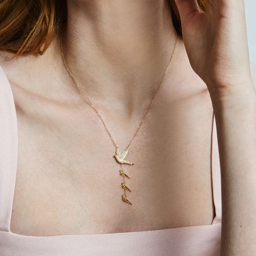 Colar Filhotes 4 Pássaros Pendurado de Ouro Amarelo 18k com Diamantes