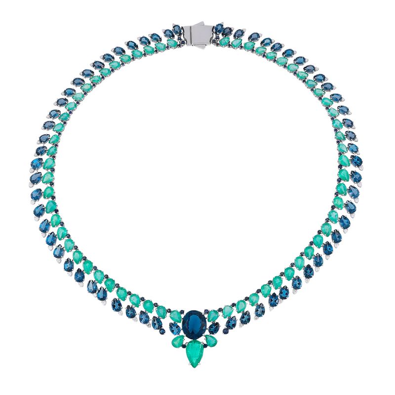 Colar Boreal de Ouro Branco 18k com Topázio London e Esmeraldas -1764466730321